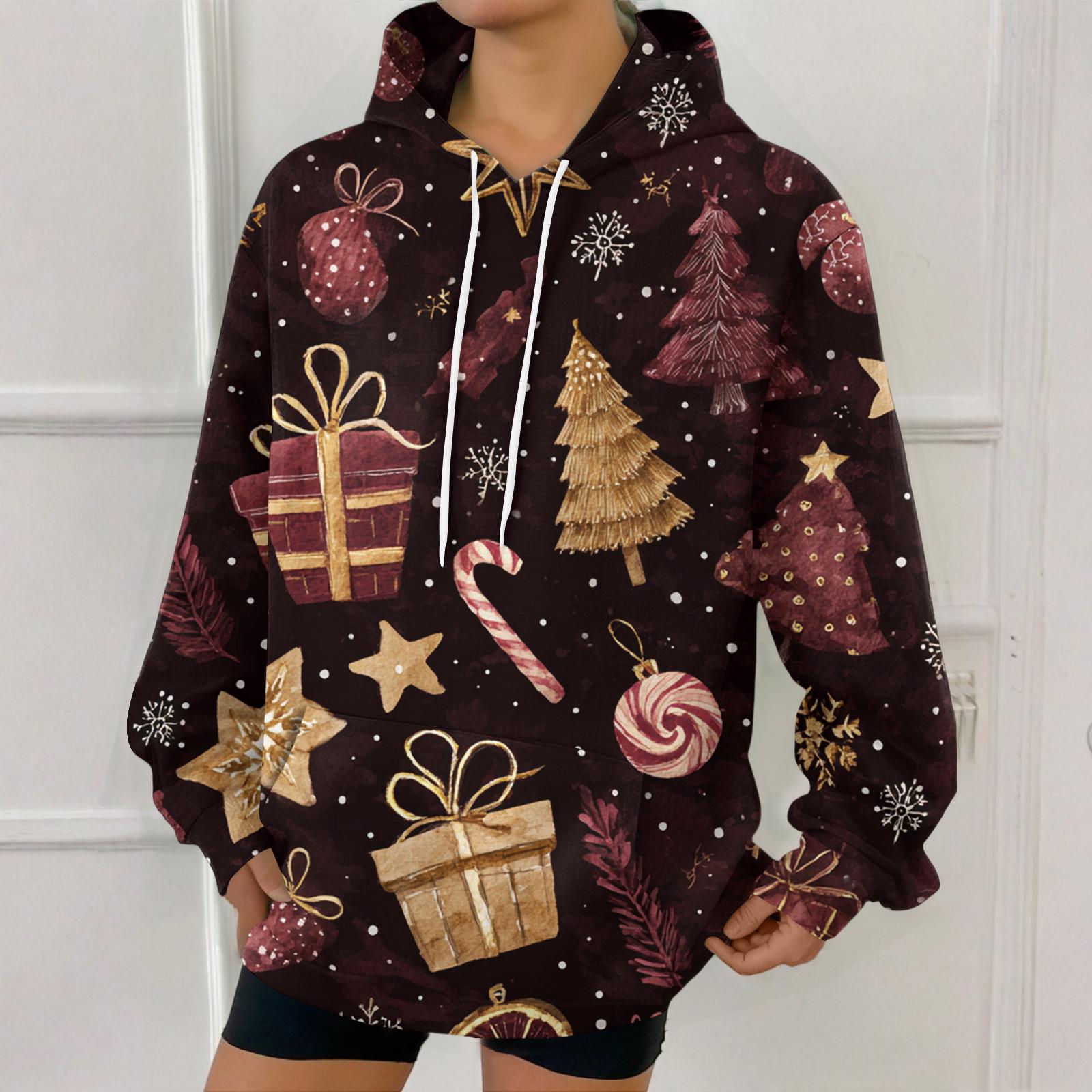 

Женская модная толстовка с рождественским принтом, повседневная толстовка с капюшоном и карманами XXL винный