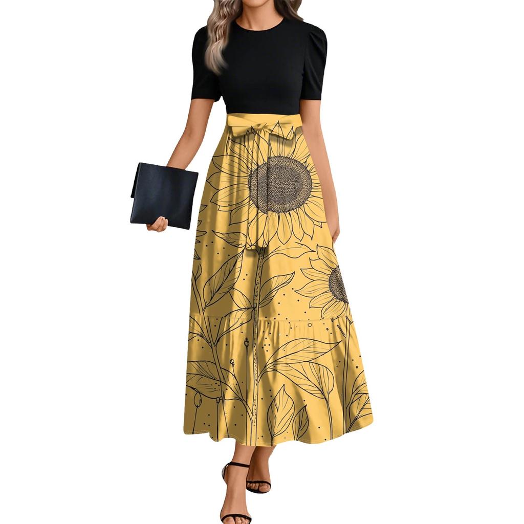 Ladies Fashion Casual Belt Short Sleeve Round Neck Floral Print Splicing Elegant Temperament Dress