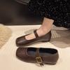 2025 New French Style Square Head Black Slip-On Women's Shoes Summer Casual Flat Heel Mary Janes Mini Leather Shoes for Women