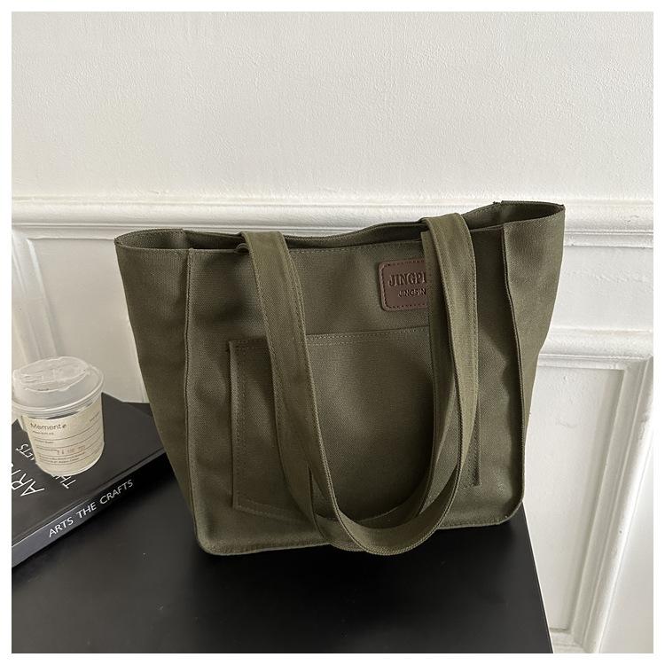2025 Canvas New Large-capacity Casual Simple Fashion Simple Portable Solid Color Tote Shoulder Bag Women