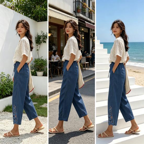 Women Pants, Drawstring Adjustable Waistband High Waist Summer Pants, Pure Color Loose Fit Casual Trousers for Travel Work School Daily Wear