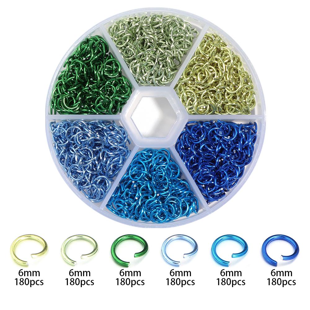 Ca. 1080 Stück/Karton 6 mm Bunte Aluminium Offene Ringe Spalt-Sprungringe Verbinder-Set für Schmuckherstellung DIY Halsketten-Zubehör