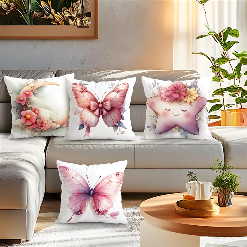 Home Decor Cute Moon, Butterfly & Star Floral Cushions Pattern Cushion Cover Suitable For Sofa Bedroom Car Pillow Cover