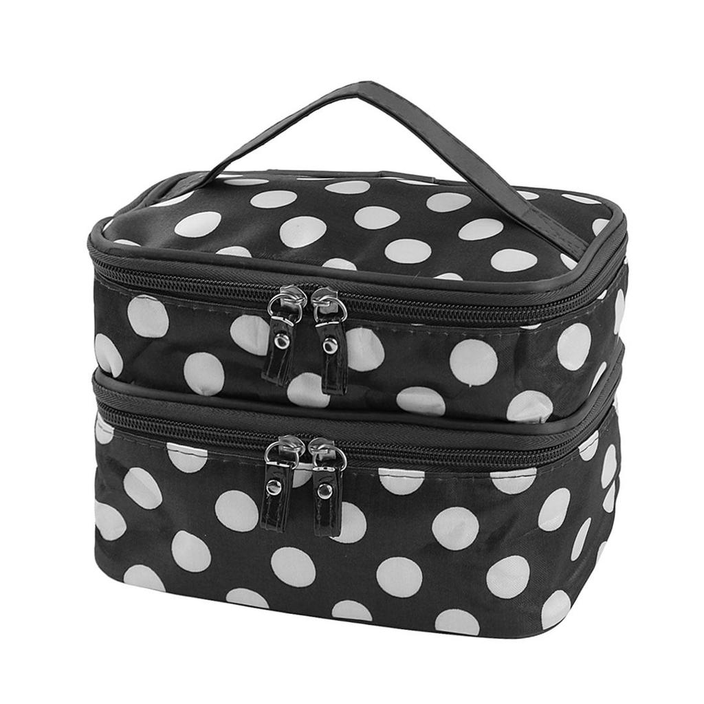 Travel Cosmetic Makeup Bag Organizer Double Layer Dot Pattern Toiletry Bag Case Pouch With Mirror For Woman