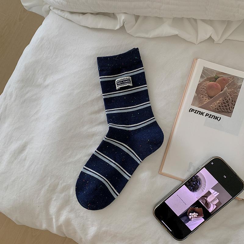 

Female Spring and Autumn Sweet Idea Yarn Stripe Lace Letter Cloth Label Boneless Tube Pile Socks 1 pair