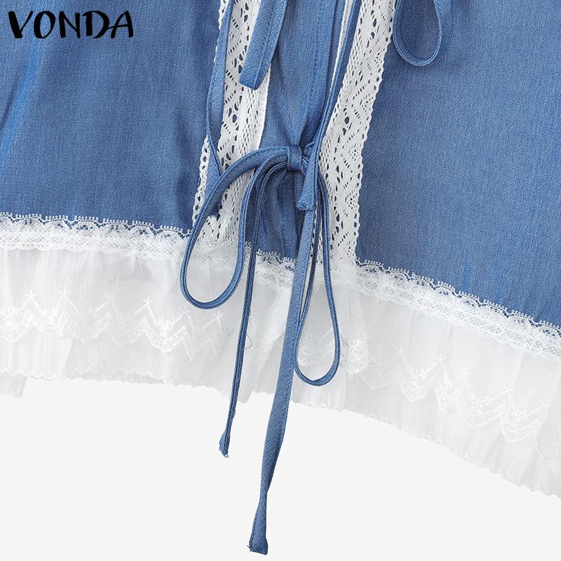 VONDA Women Casual Short Sleeve Lace Patchwork Bow Knot Cropped Blouse