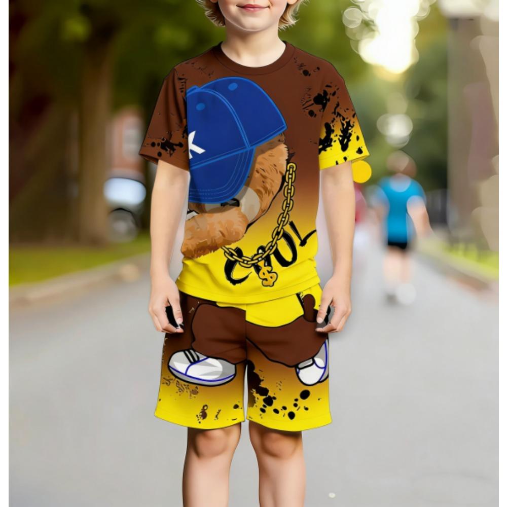 Europe and America Funny Bear Fashion Men's Set Summer Men's T-shirt and Shorts 2 Piece Set Outdoor Casual Men's and Women's Outfit