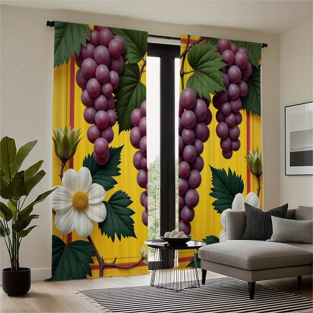Set Of 2 Hd Digital Printed Curtain Bouquet Series Three Purple Grapes Yellow Background Green Leaves Two White Polyester