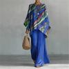 16 European and American artistic sense abstract graffiti cotton and linen set, round neck bat sleeve top + wide leg pants loose two-piece set