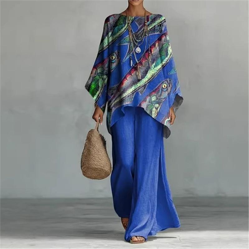 16 European and American artistic sense abstract graffiti cotton and linen set, round neck bat sleeve top + wide leg pants loose two-piece set