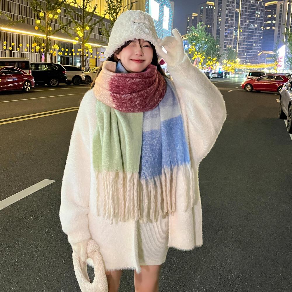 

Thicken Colorful Plaid Plush Shawl Wool Winter Tassel Neckerchief Rainbow Cashmere Scarf Student