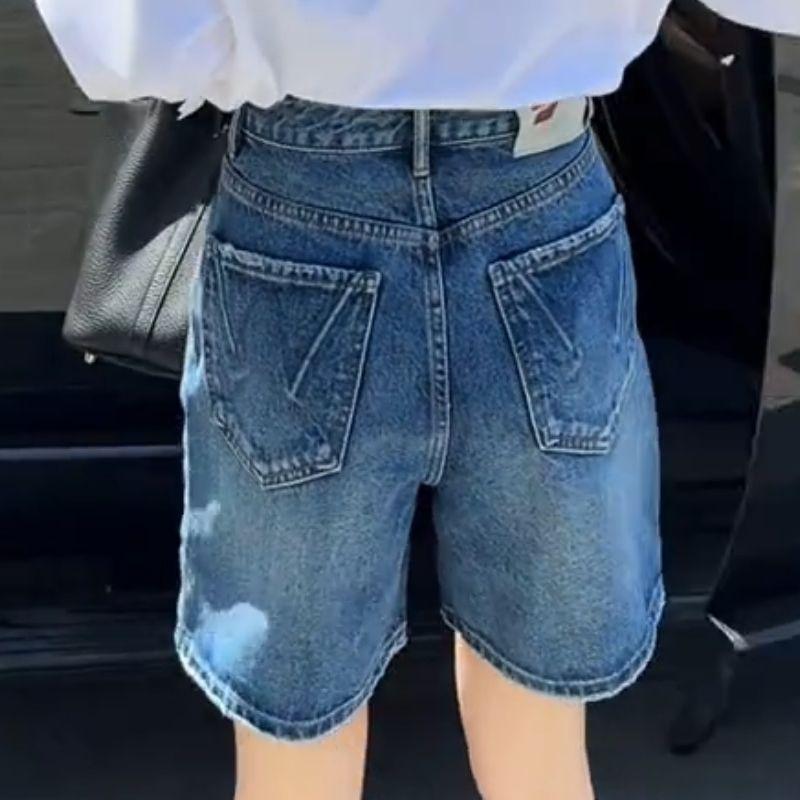 

European Goods Retro Wide Leg Four Points Jeans Women 2025 Summer New Western Style High Waist Loose All-Match Straight Pants Dark blue S