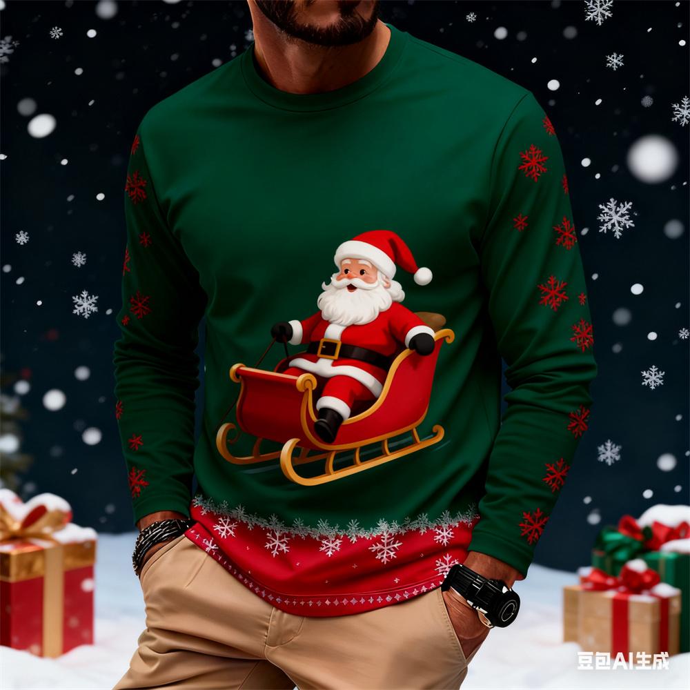 

Fashionable Harajuku-style Christmas men s long-sleeve T-shirt, autumn casual round-neck loose top, fun Santa Claus design 6XL