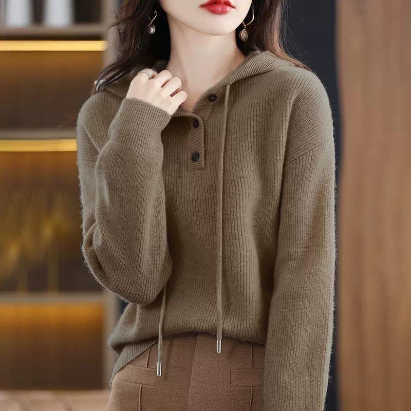 Autumn and Winter Women's Hooded Sweater Knitted Sweater Pullover Sweater Loose Fitting Hooded Base Sweater