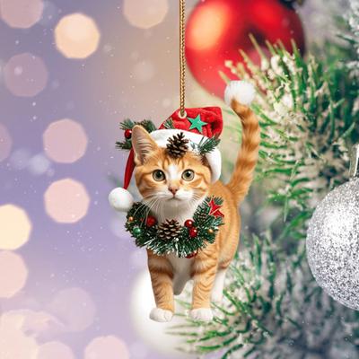 Christmas Cat Pendant 2D Acrylic Hanging Ornament Santa Hat Cat Car Rearview Mirror Charm Tree Decoration Gift for Cat Lovers