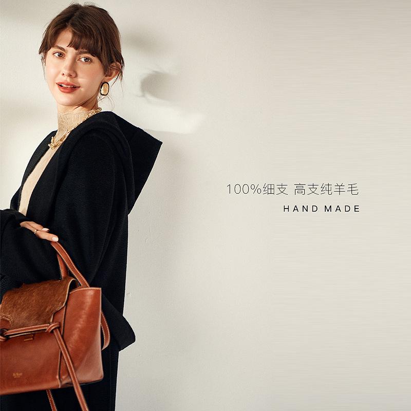 Velký červený kašmírový kabát s vodním vlněním dámský středně dlouhý podzimní a zimní nový s kapucí oboustranný vlněný kabát