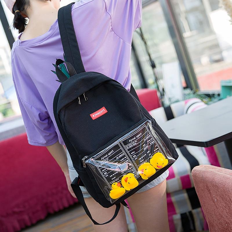 Durable Canvas Womens Backpack With Fun Duck Toy And Transparent School Bag Design