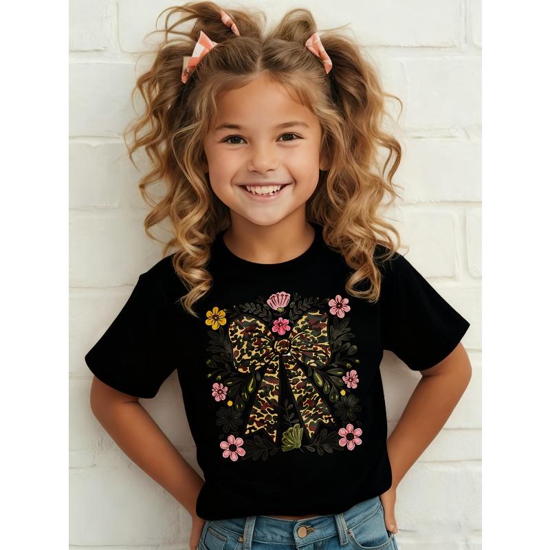 European Size Girls Round Neck Short Sleeved T Shirt Floral Camouflage Style 98cm