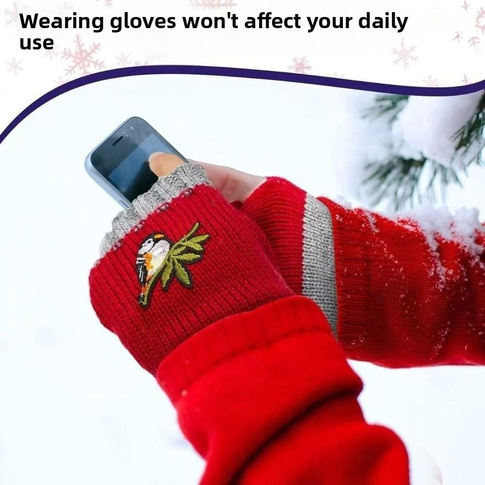 Warm Half Finger Gloves Embroidered Bird Fingerless Gloves Fashion Knit Mittens  for Men Women