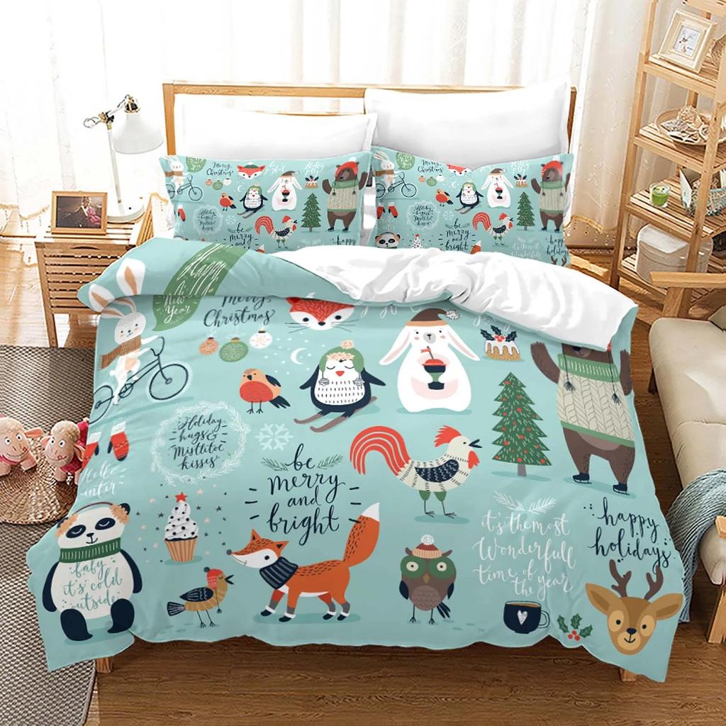 Red Christmas Duvet Cover Santa Claus Snowman Bedding Set Microfiber Cartoon Comforter Cover With Pillowcases