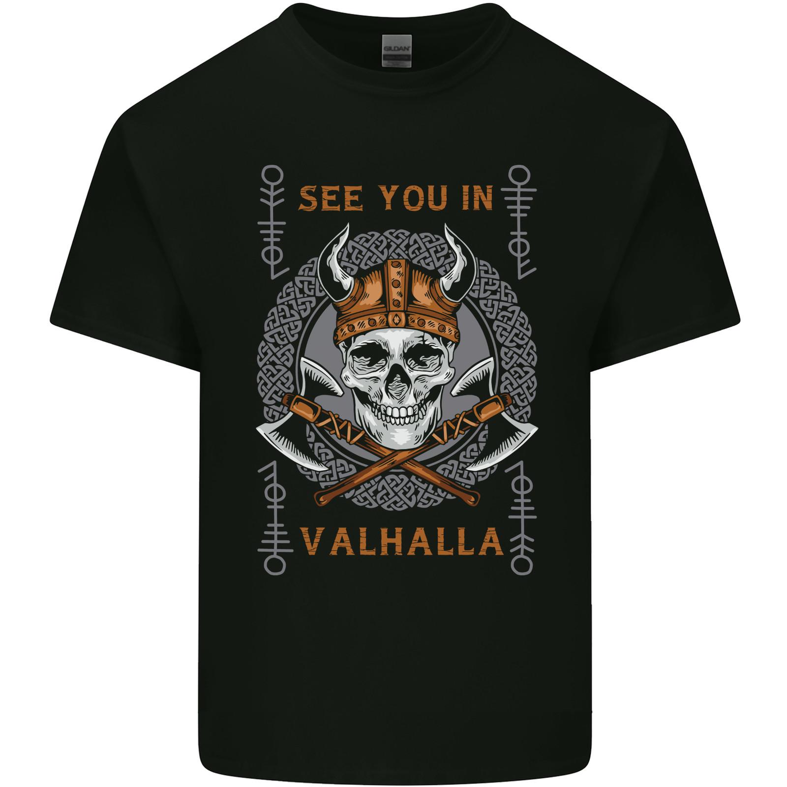 See You in Valhalla Viking Skull and Symbols Mens Light Cotton T-Shirt XL