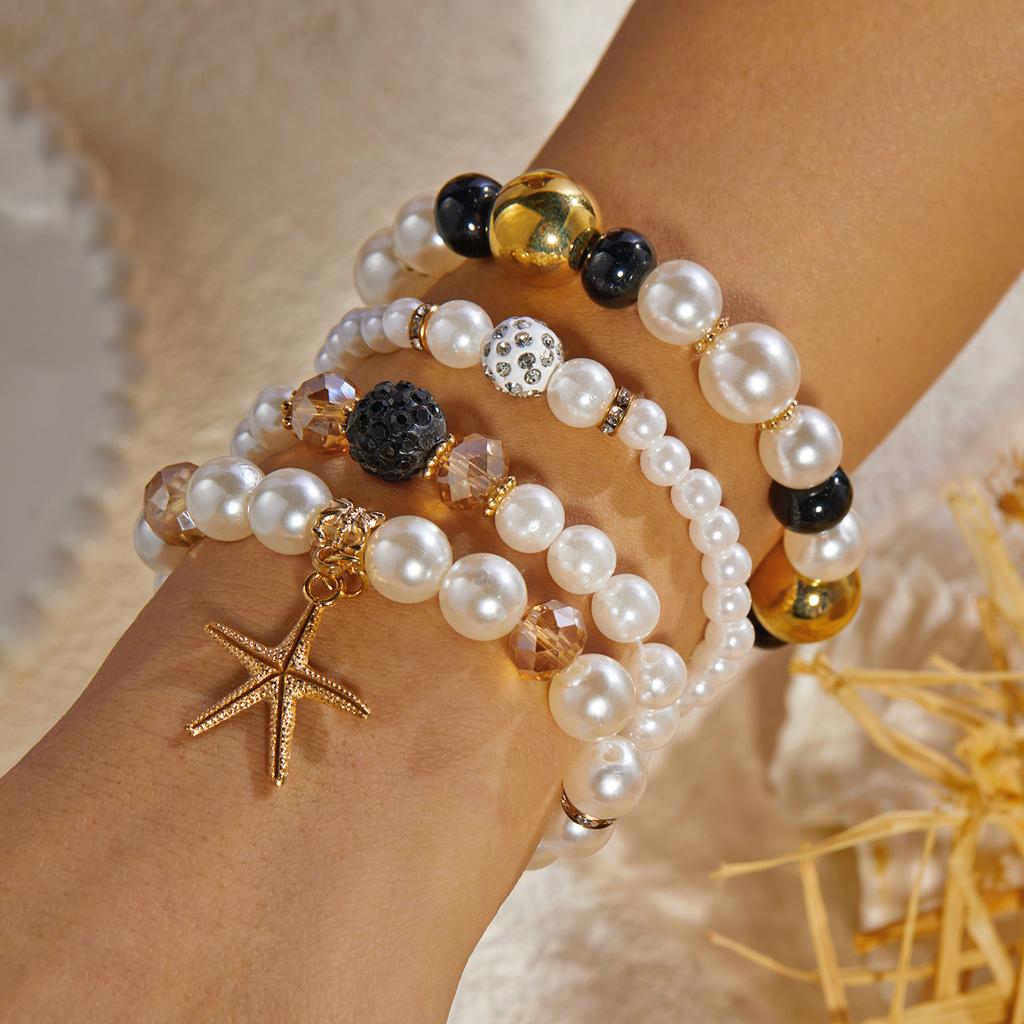 Boho Pink Starfish Shell Beaded Bracelet Set for Women Multilayer Rice Beads Stretch Stacked Bangle Summer Beach Party Jewelry