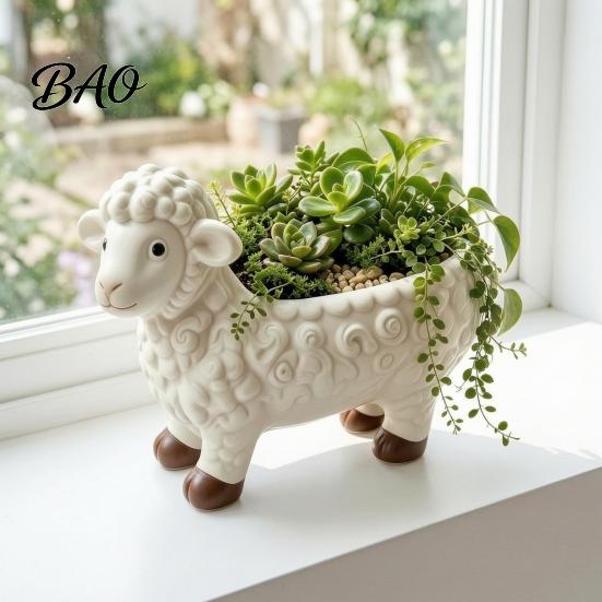 Decorative Plant Holder for Balcony Curly Sheep Planter Pot, Resin Cute Lamb Flower Desktop Pot Animal Succulents Cacti Indoor Outdoor Decoration