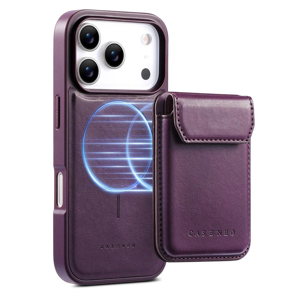 CASENEO For iPhone 17 Pro Magnetic Case PU Leather PC Phone Cover with Detachable Card Holder Kickstand Compatible with MagSafe