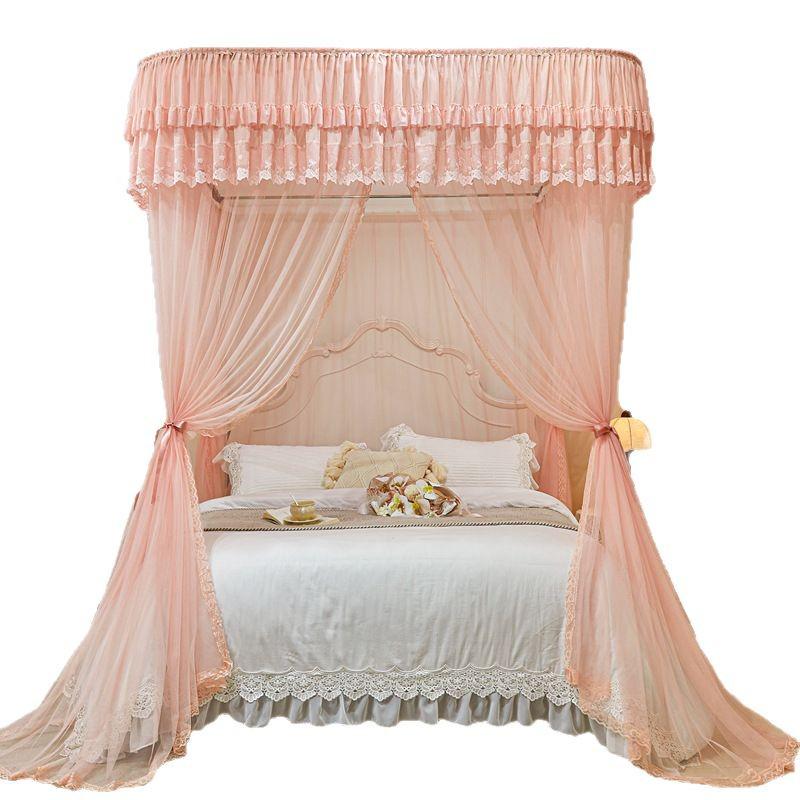 Double-layer Embroidered Lace Floor-length U-shaped Mosquito Net with Track System