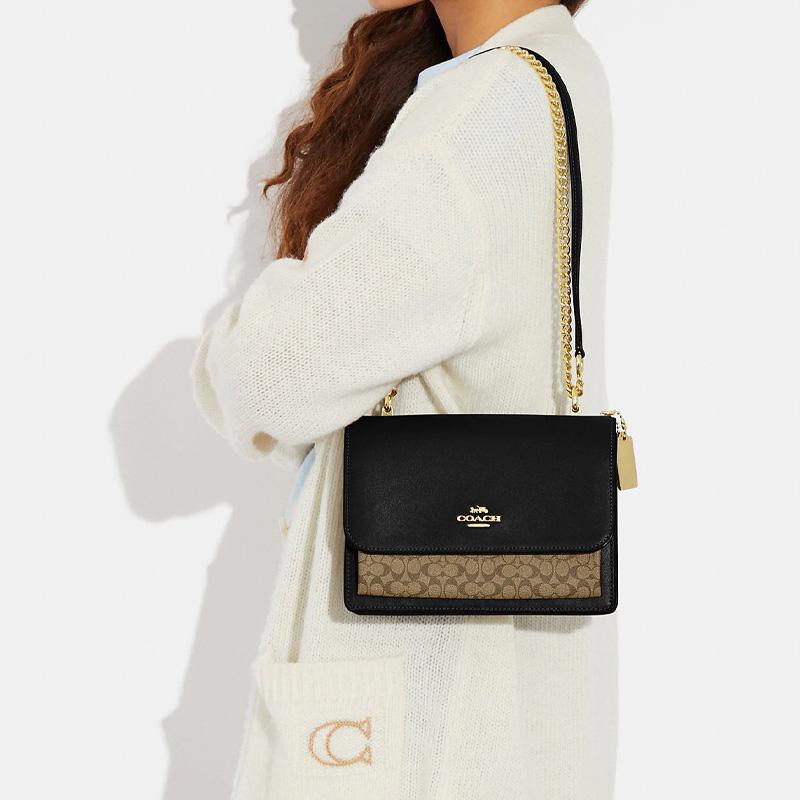 COACH Klare 22 gold logo classic presbyopic flap multi-function pocket canvas with leather crossbody bag regular women's black with brown