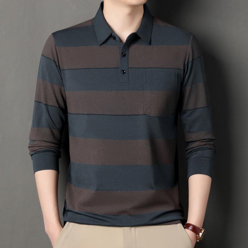 Men S Wide Striped Long Sleeve Turn Down Collar Polo Shirt