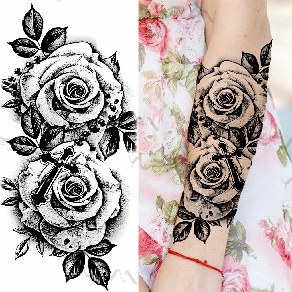 Large Colorful Rose Flower Temporary Tattoos For Girls Women Anchor Fake Gemstone Pendant Tattoo Paste Arm Body Tatoos Creative