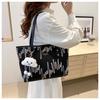 Women's Canvas Tote Bag with Embroidery, Large Capacity Casual Shoulder Bag for School and Work, Striped Design with Cloud Charm