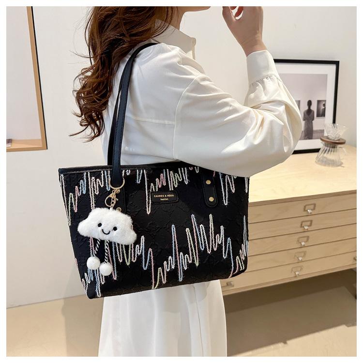 Women's Canvas Tote Bag with Embroidery, Large Capacity Casual Shoulder Bag for School and Work, Striped Design with Cloud Charm