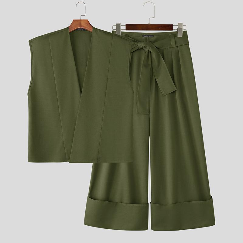 INCERUN Two Pieces Sets Men Sleeveless Tops and Long Loose Pants Outfits