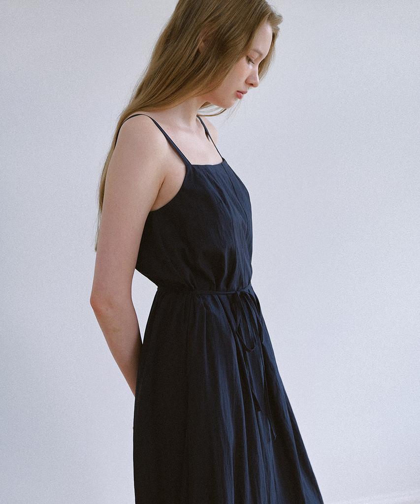 Laminez Strap Pintuck Long Dress - Navy