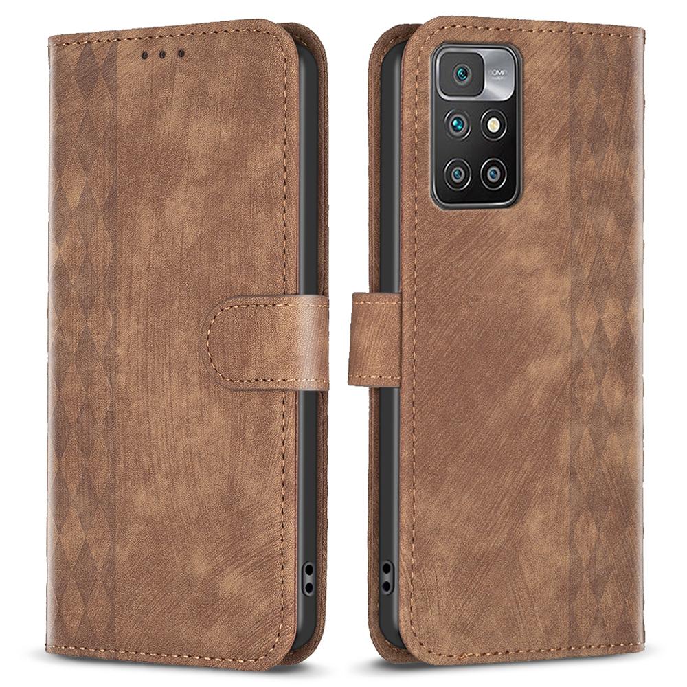 

For Xiaomi Redmi Note 11 4G (MediaTek)/Redmi 10 4G (2021)/Redmi 10 2022 4G/10 Prime Imprinting Grid Wallet Stand Phone Leather Case Brown