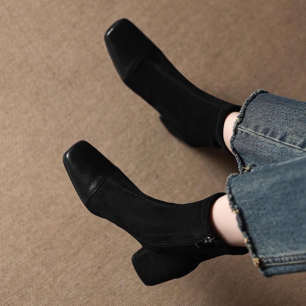 Krazing Pot Microfiber Winter Round Toe Western Boots Thick High Heels Zipper Women Flock Patch Work Ankle Boots