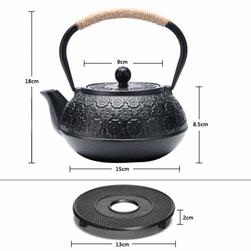 Nanbu Ironware 4-Piece Cast Iron Teapot, Tea Kettle, and Trivet Set (Product Code: 01 Sakura YH900)