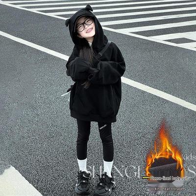 Girls' 2025 Korean Style Velvet Hoodie - Autumn/Winter Fashion for Children