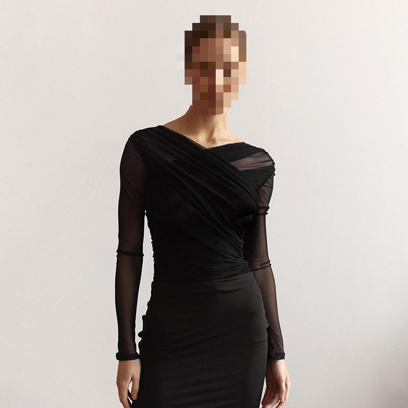 Europäischer und amerikanischer Frühling und Herbst Einfarbiges Mesh Cross Sexy Gefaltetes Langarm-Oberteil