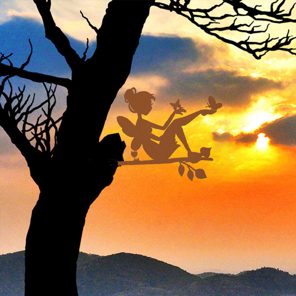 Cute Butterfly Fairy On Branch Steel Silhouette Metal Wall Art Home Garden Yard Patio Outdoor Statue Stake Decoration Perfect