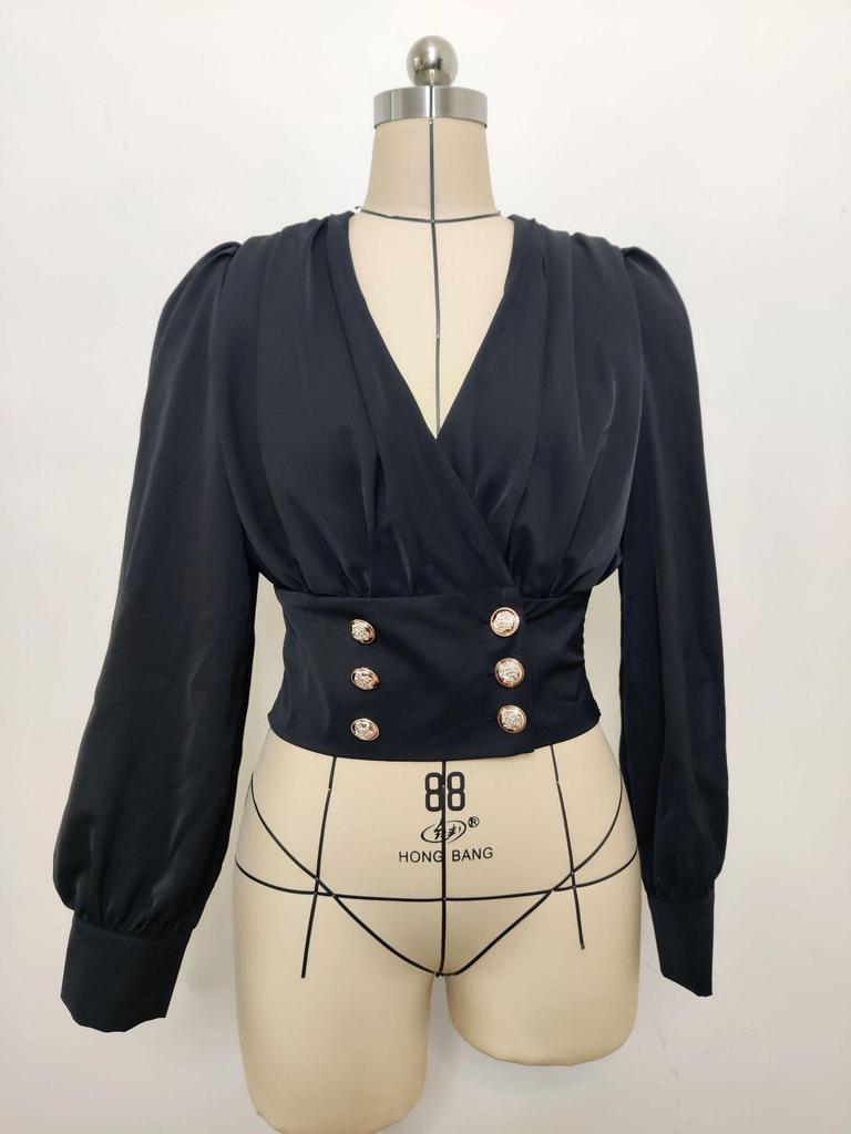 Damen V-Ausschnitt Sexy Langarm Puffärmel Einfarbig Kurzhemd