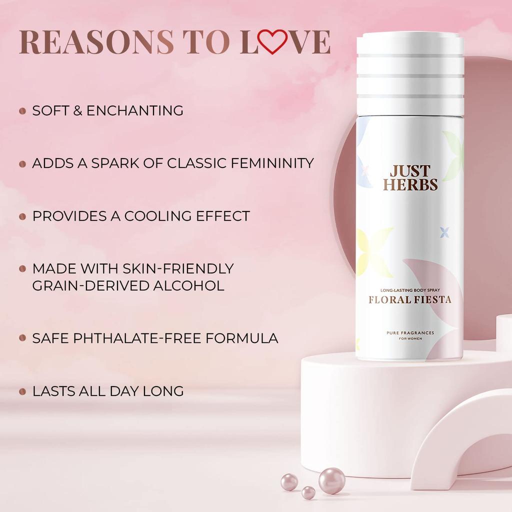 Just Herbs Long Lasting, Refreshing Body Spray, Natural Deodorant for Women - Phthalate-Free Formula,150 Ml (Floral Fiesta)
