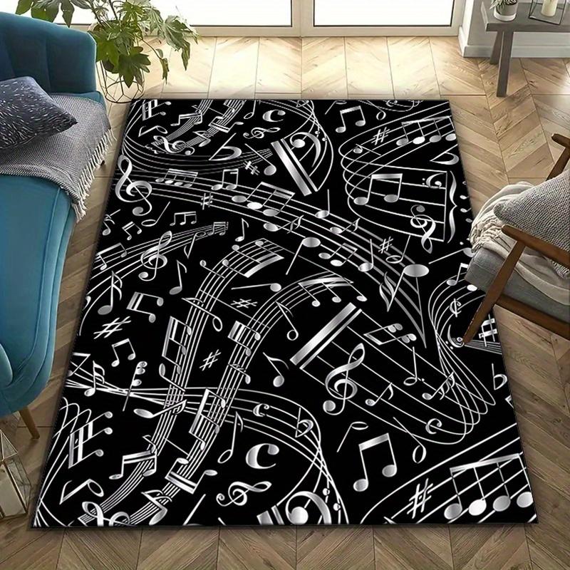 Polyester Anti-Slip Music Rug for Living Room Bedroom Decorative Carpet with Black White Musical Notes