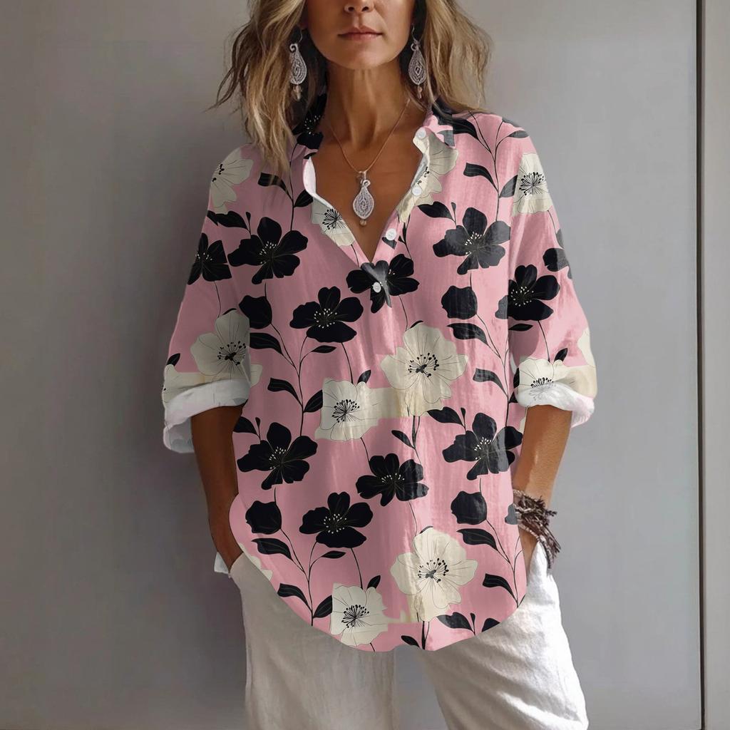 Chemise Pullover Décontractée à Revers et Manches Décontractées Imprimée Ample pour Femmes Printemps et Été