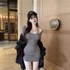 One-shoulder Gray Dress Women's Autumn and Winter Pure Desire Hottie Sexy Hip-wrapped Tight Little Mother Short Skirt Base Skirt