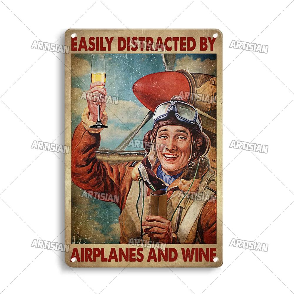 ARTISIAN Male Pilot And Airplane Decorative Plate Vintage Metal Poster Man Cave Home Wall Decor Sign Retro Wall Metal Tin Sign
