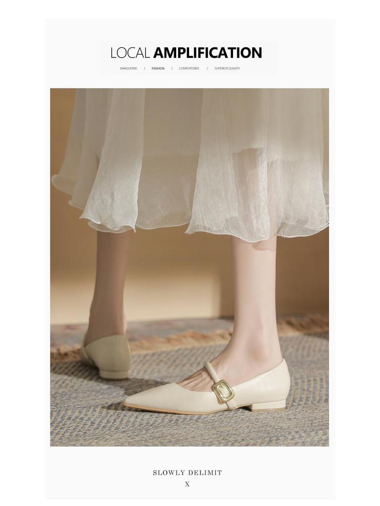 Fashionable French Pointed Toe Beige & Black Flat Shoes for Women