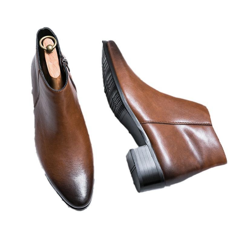 Spring and Autumn New Pointed Leather Boots, Youth Outer Wear Personalized Polishing Martin Boots, High-top Zipper Casual Shoes